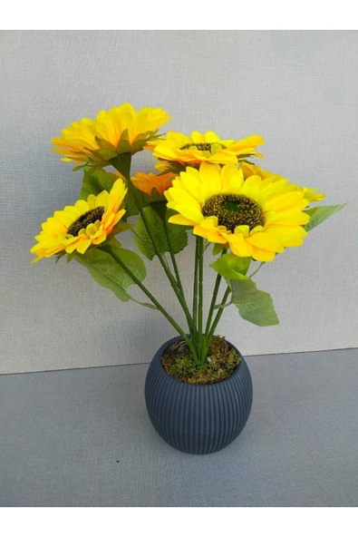 DDPEST Saksı Dahil Yapay Ayçiçeği Demeti 7 Dallı 40 Cm No:3 Antrasit Saksıda Ayçiçeği-DS ürün görseli