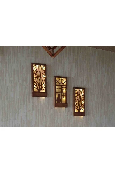 DDPEST Peri Led Li Pilli Ağaç Kedi Kuş Desenli Hediyelik Ahşap Tablo, 18x36 Cm 3 Lü Set Gece Lambası-DS - 6