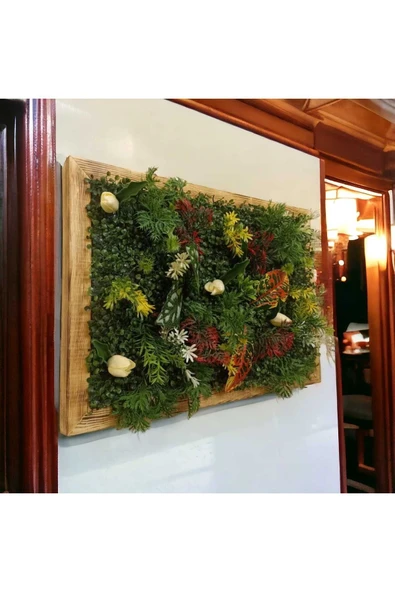 DDTREND Ahşap Çerçeveli Yapay Çİçek Duvar Paneli Şimşir Dikey Bahçe Aranjman 48-68 Cm MODEL:2 - 2