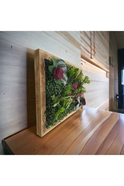 DDTREND Ahşap Çerçeveli Yapay Çİçek Duvar Paneli Şimşir Dikey Bahçe Aranjman 48-68 Cm MODEL:4 - 3
