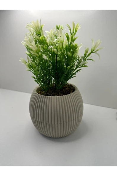 DDPEST Bej Saksı Yeşil Beyaz Afrika Zambağı Yapay Bitki Taş Yosunlu 18 Cm Dekoratif Masa Çiçeği No:1-DS - Resim 4