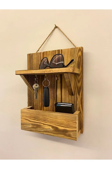 DDTREND Dekoratif Ahşap El Yapımı Antre Hol Anahtar Askısı . Kapı Önü Anahtarlık Çok Amaçlı Raflı Askılık - 3