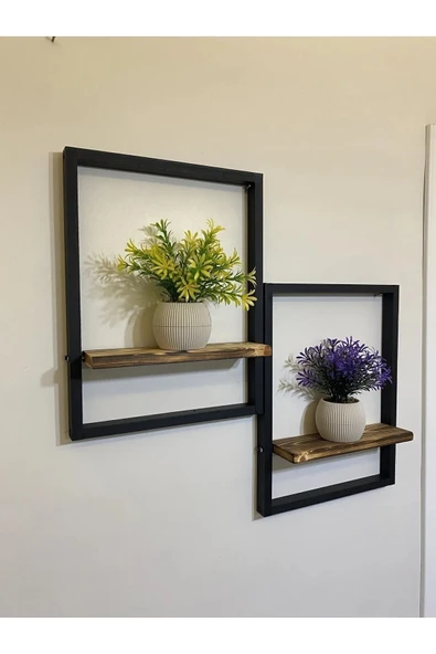 DDTREND 2' Li Dekoratif Siyah Ahşap Çerçeveli Raf Çiçeklik, Duvar Saksılığı - 2
