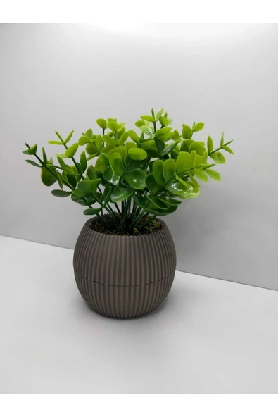 DDPEST Vizon Kahve Saksı Şimşir Yapay Çiçek Bitki Taş Yosunlu 18 Cm Dekoratif Masa Raf Çiçeği No:1-DS