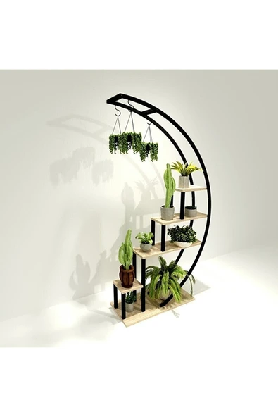 DDTREND Dekoratif Siyah Metal Ayaklı Askılı Ahşap Çiçeklik Lüx Raf Saksılık - 2