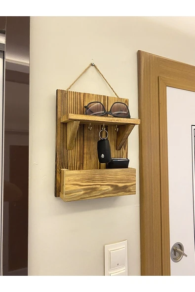 DDPEST Dekoratif Ahşap El Yapımı Antre Hol Anahtar Askısı . Kapı Önü Anahtarlık Çok Amaçlı Raflı Askılık