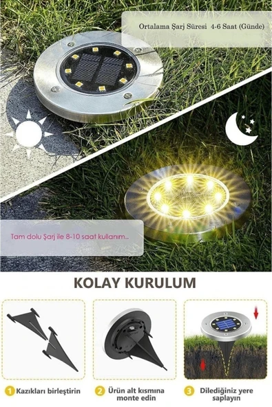 DDPEST Solar Güneş Enerjili 8 Ledli Çim Zemin Saplama Kazıklı Solar Bahçe Aydınlatma Çim Armatürü-ls - 2