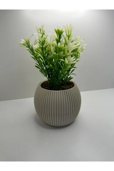 DDPEST Bej Saksı Yeşil Beyaz Afrika Zambağı Yapay Bitki Taş Yosunlu 18 Cm Dekoratif Masa Çiçeği No:1-DS - Resim 3
