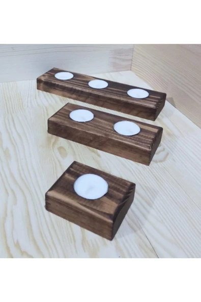 DDTREND Dekoratif Doğal Ahşap 3 Lü Set Mumluk Oyma Şamdan Tealight Mumlar Ile - 5