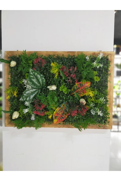 DDTREND Ahşap Çerçeveli Yapay Çİçek Duvar Paneli Şimşir Dikey Bahçe Aranjman 48-68 Cm MODEL:2 - 3