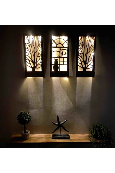 DDTREND Peri Led Li Pilli Ağaç Kedi Kuş Desenli Hediyelik Ahşap Tablo, 18x36 Cm 3 Lü Set Gece Lambası