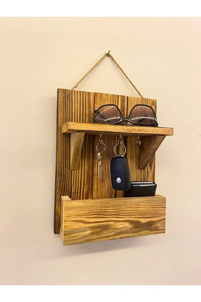 DDTREND Dekoratif Ahşap El Yapımı Antre Hol Anahtar Askısı . Kapı Önü Anahtarlık Çok Amaçlı Raflı Askılık - 2