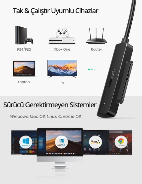 UGREEN 70609 USB 3.0 to SATA 3 Adaptör Kablosu UASP Destekli 5Gbps Yüksek Hız - 5