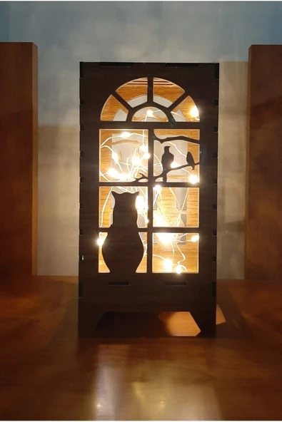 DDPEST Ahşap Abajur Dekoratif Mini Özel Tasarım Ahşap Abajur Masa Süsü Pilli Peri Ledli Kedi Ve Ağaç Desen