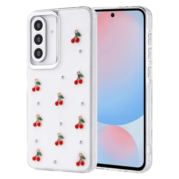 Samsung Galaxy A56 Kılıf Kabartmalı Kelebek-Kiraz-Çiçek Dizayn Şeffaf Kutup Kapak