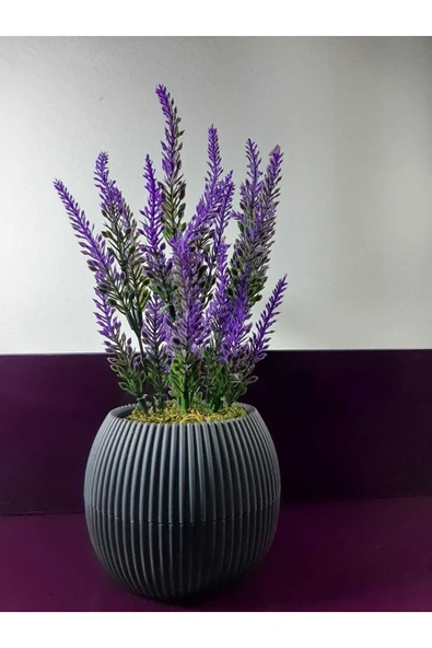 DDTREND Saksıda Yapay Çiçek Mor Lavanta Demeti Taş Yosunlu Mini Saksı Aranjman 25 Cm