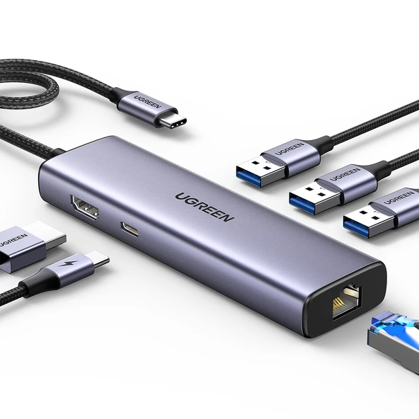 UGREEN 15598 Type-C to 3xUSB 3.0 4K/30HZ HDMI RJ45 Gigabit Ethernet 100W PD Güç Girişi Çoklayıcı Hub