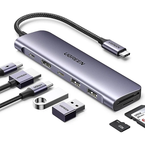 UGREEN 15214 USB-C to 4K 7 in 1 HDMI 100W PD 2xUSB-A SD Micro SD Kart Dönüştürücü Çoklayıcı Hub