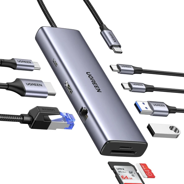 UGREEN 15375 9 in 1 Type-C to 2xUSB 3.0 2xUSB-C 4K/60Hz HDMI Gigabit Ethernet SD TF Kart Okuyucu Çoklayıcı Hub Adaptör