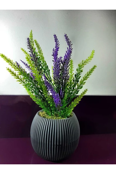 DDTREND Saksıda Yapay Çiçek Mor , Yeşil Lavanta Demeti Taş Yosunlu Mini Saksı Aranjman 25 Cm