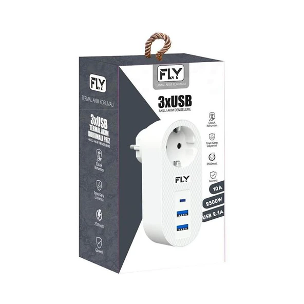 FLY-3400-01 Akım Korumalı 1 li Priz 2-Usba 1-C Soket 2.1A 10A 2500W - 2