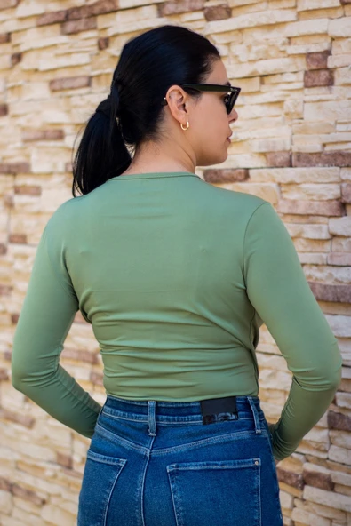 Kadın Yeşil Kruvaze Kapamalı Sandy Kumaş Bluz 25KBLZ4058 - Resim 6