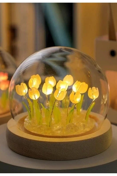 10 Ledli Sarı Laleler Cam Küre Gece ve Masa Lambası Dekoratif Hediye Cam Küre Yeni Nesil El Yapımı - 2
