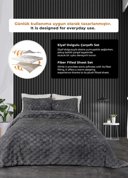 Kürk Yatak Örtüsü Yorgan Uyku Seti Çift Kişilik Çarşaflı Peluş Yumuşak Dolgulu Rody 4 Parça - 24