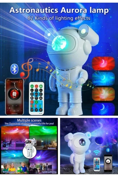Kumandalı Gece Lambası Yeni Nesil Bluetooth Hoparlörlü Astronot Yıldız Gezegen Projektörü Büyük Boy - Resim 2