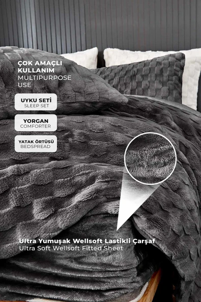 Kürk Yatak Örtüsü Yorgan Uyku Seti Çift Kişilik Çarşaflı Peluş Yumuşak Dolgulu Rody 4 Parça - 8