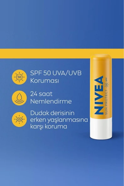 NIVEA SUN Yüksek Güneş Korumalı Dudak Bakım Kremi 4.8gr, SPF50, 24 Saat Nemlendirici, E ve C Vitamini - 2