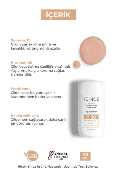 SİNOZ SPF50+ Tinted Sıvı Yüz Güneş Kremi - Yeni Nesil Güneş Filtreleri Ile Hibrit Formül 50ml PA++++ - 3