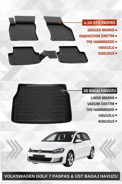 Sahler Volkswagen Golf 7 2013-2020 Uyumlu 4.5d Premium Havuzlu Paspas ve Liner Marka 3D ÜST Bagaj Havuzu ürün görseli