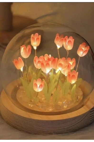 Dekoratif Hediye 10 Ledli Pembe Laleler Cam Küre Gece ve Masa Lambası Cam Küre Yeni Nesil El Yapımı - 2