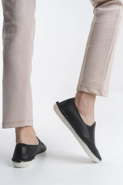 Kadın Hakiki Deri Kadın Önü Delikli Dikiş Detaylı Günlük Ayakkabı Rahat Taban Tam Kalıp Yanı Lastikli Ayakkabı - Resim 3