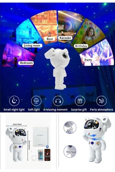 Kumandalı Gece Lambası Yeni Nesil Bluetooth Hoparlörlü Astronot Yıldız Gezegen Projektörü Büyük Boy - Resim 3