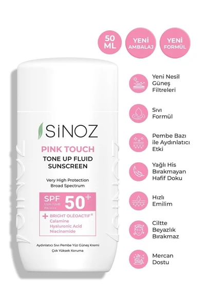 SİNOZ SPF50+ Pink Touch Aydınlatıcı Sıvı Yüz Güneş Kremi Yeni Nesil Filtreler Hibrit Formül 50ml - PA++++