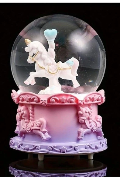Sevgiliye Yeni Yıl Yılbaşı Hediyesi Mor Unicorn Tasarımlı Kar Küresi Işıklı Müzikli Orta Boy 12 cm - 5