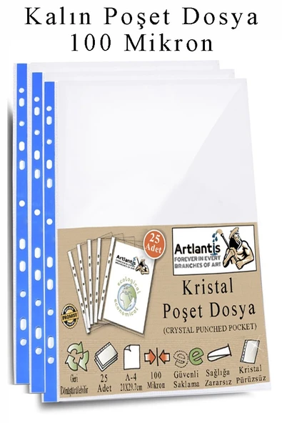 Poşet Dosya A4 Kristal 25 Adet Kalın Poşet Dosya Föy Mavi Şeritli 100 Mikron Şeffaf Belge Arşivleme Büro Ofis Okul