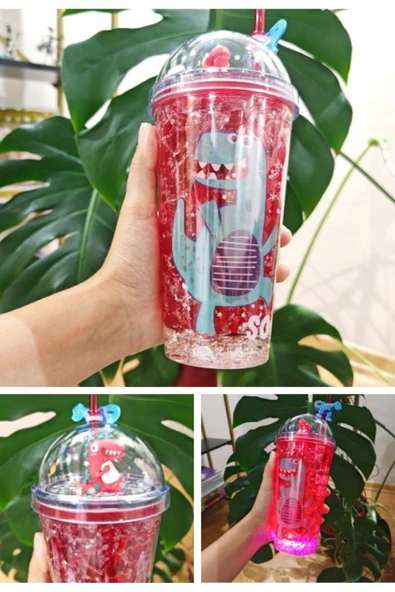 450 ML Çift Katman Kırmızı Mika Dinozor Suluk Pipetli Buzlu Cam Görünümlü Led Işıklı 2097 - 2