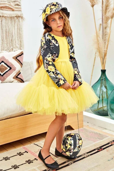 Kız Çocuk Üzeri Çiçek Baskılı Crop Ceket Şapkalı Eteği Tül Tül Kolsuz Sarı Abiye ürün görseli