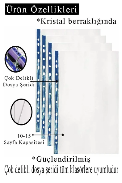 Poşet Dosya A4 Kristal 100 Adet Kalın Poşet Dosya Föy Mavi Şeritli 100 Mikron Şeffaf Belge Arşivleme Büro Ofis Okul - 3