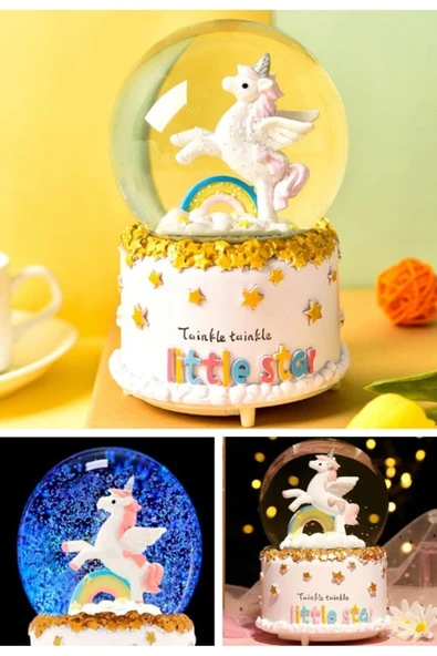 Işıklı Müzikli Hediye Unicorn Gökkuşağı Little Star Unicorn Kar Küresi Orta Boy Işıklı Müzikli 12 Cm