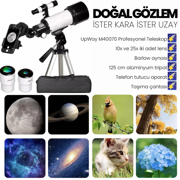 UpWay M40070 Tripotlu Telefon Tutuculu Çantalı Çift Lensli Zenith-Barlow Aynalı Profesyonel  HD Teleskop - 6