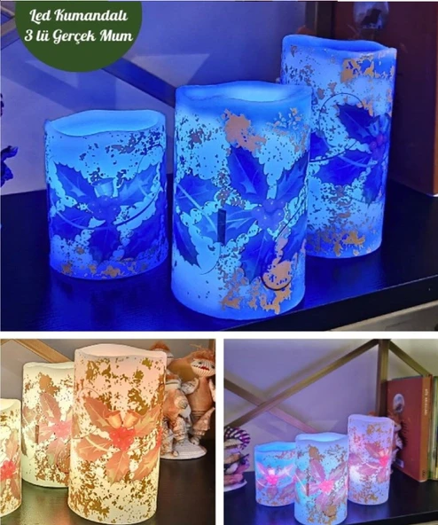 Yılbaşı Noel Temalı 3 lü Set Led Gerçek Mum Kumandalı 9 Renk Yanabilme ve Animasyonlu Büyük Boy Mum