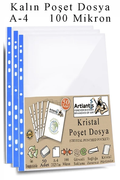 Poşet Dosya A4 Kristal 50 Adet Kalın Poşet Dosya Föy Mavi Şeritli 100 Mikron Şeffaf Belge Arşivleme Büro Ofis Okul
