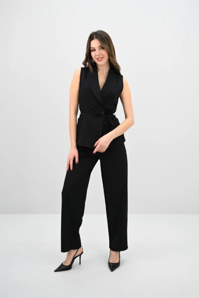 Kadın Kruvaze Yaka Detaylı Belden Bağlamalı Yelek Takım 0124-25 - 3