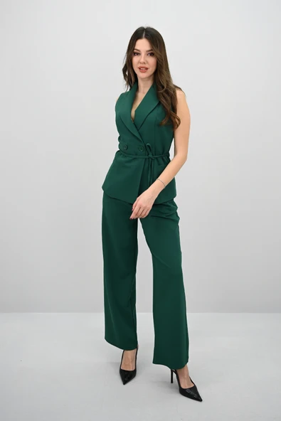 Kadın Kruvaze Yaka Detaylı Belden Bağlamalı Yelek Takım 0124-25 - 10