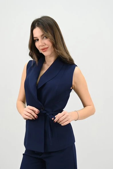 Kadın Kruvaze Yaka Detaylı Belden Bağlamalı Yelek Takım 0124-25