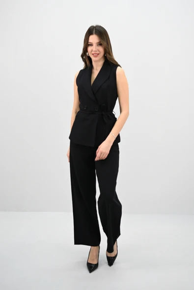 Kadın Kruvaze Yaka Detaylı Belden Bağlamalı Yelek Takım 0124-25 - 4